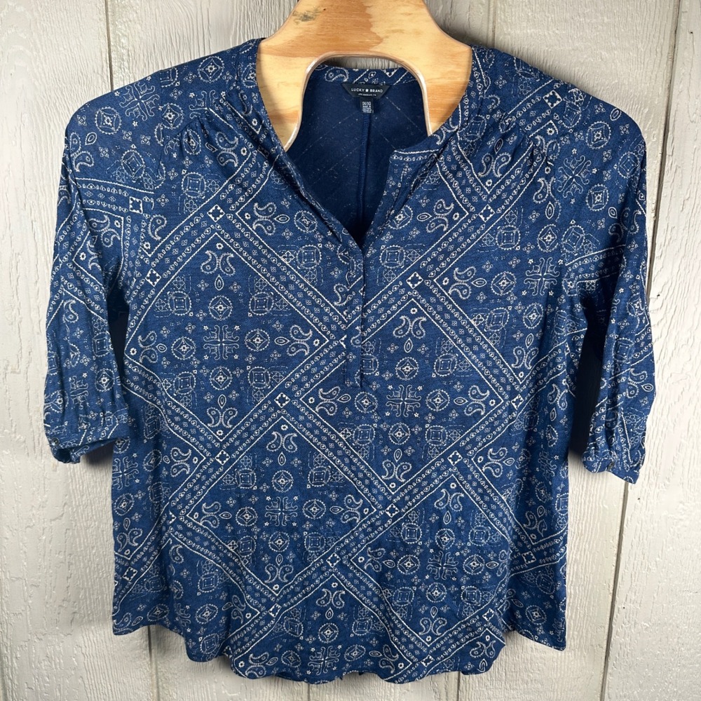 Lucky Brand Popover Blouse Women 1X Blue Bandana Print 3/4 Sleeve Split Back Hem